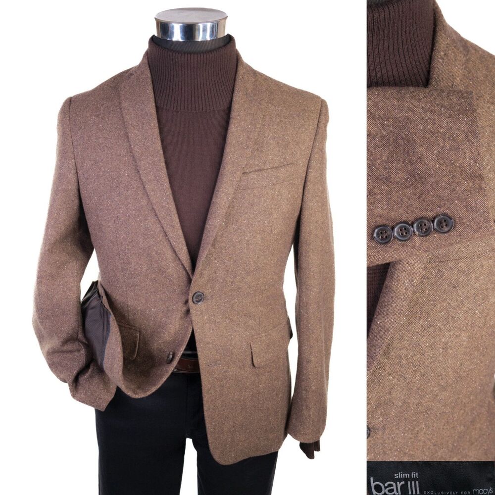 Bar III Slim Fit Sport Coat Blazer 36S Brown Wool/Silk Blend Two Button Jacket